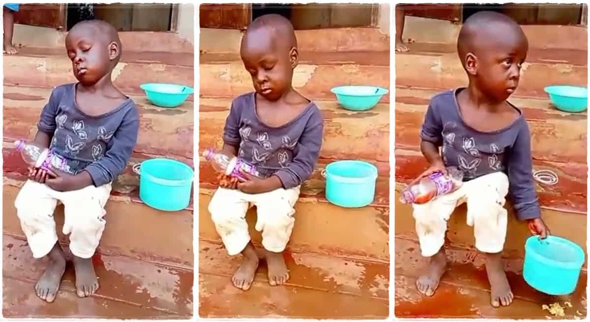 Photos of a boy who slept off with food beside him and a bottle in his hands.