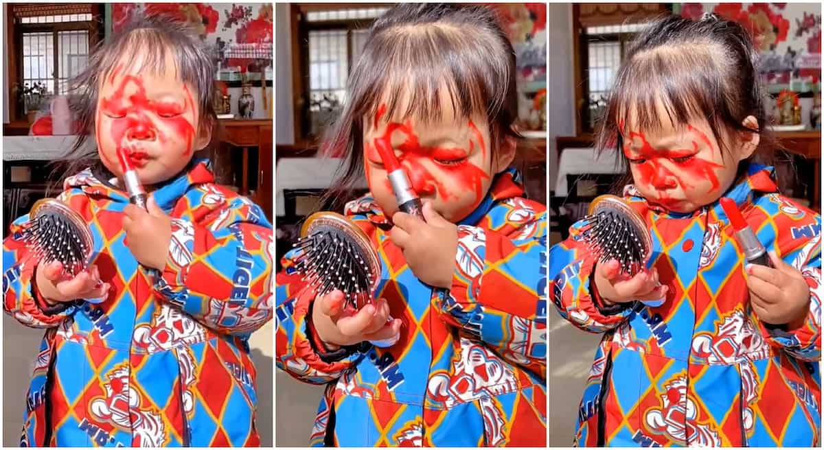 Photos of a baby applying a red lipstick.