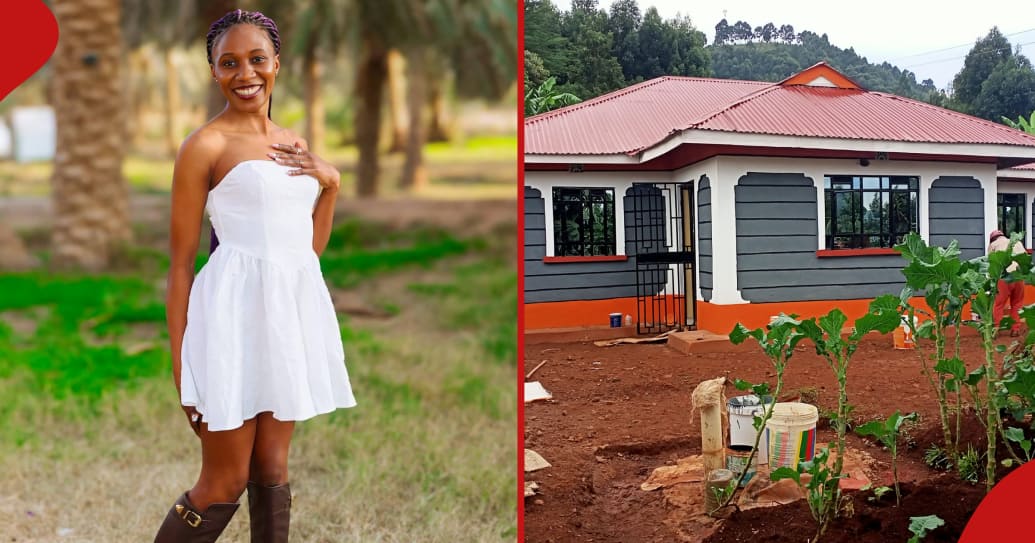 Young lady from Kisii Mildred Bachanga (l), build her parents a magnificent shelter (r).