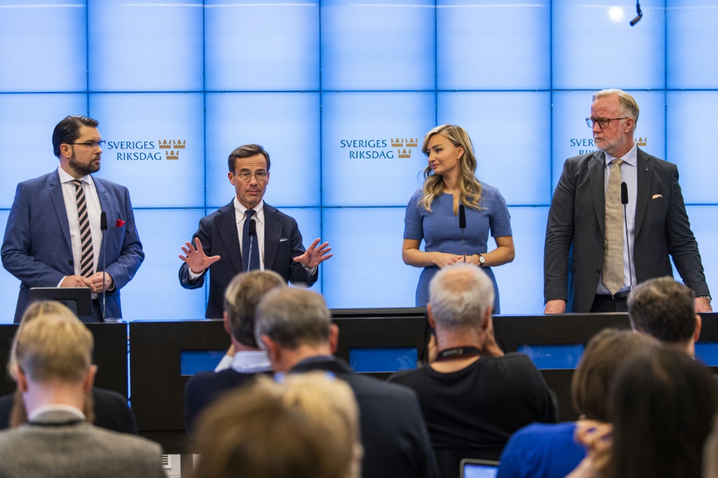 (L-R) Leader of the Sweden Democrats Jimmie Akesson, Leader of the Moderate party Ulf Kristersson, Leader of the Christian Democrats Ebba Busch and Leader of the Liberal party Johan Pehrson brief the media on the formation of a coalition government