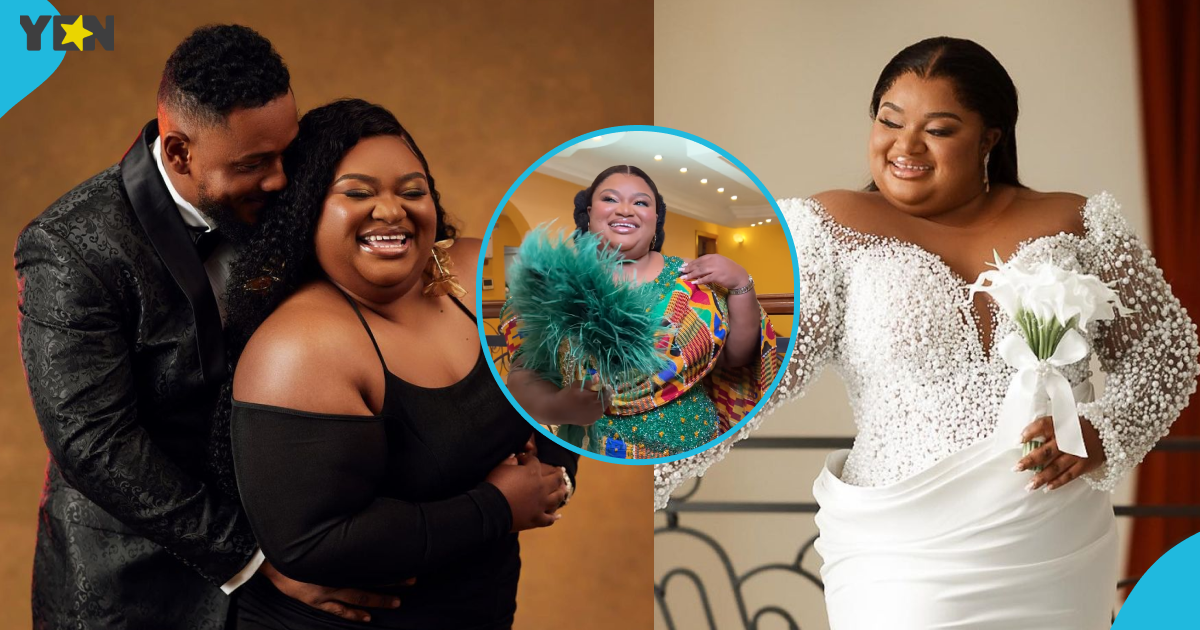 Plus-size Ghanaian bride looks magnificent in a long-sleeve beaded silky gown for her white wedding: "It suits her perfect body"