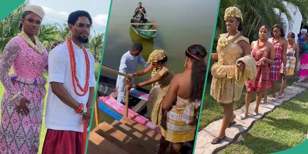 Video shows unique wedding style of princess in Bayelsa state, people react: "She arrived in a boat"
