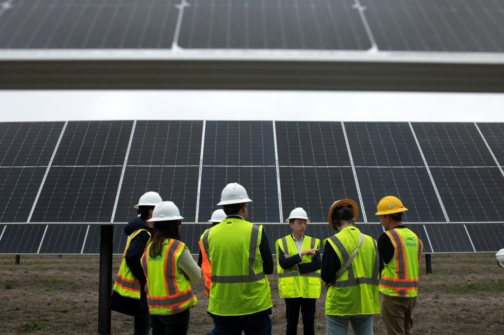 Engie executive Frank Demaille speaks during a visit to a solar installation in Hill County, Texas, on March 1, 2023