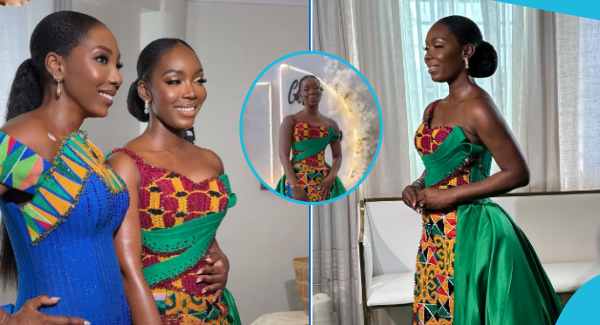 Ghanaian bride sets a new train as she slays in a one-hand kente gown with a detachable long train