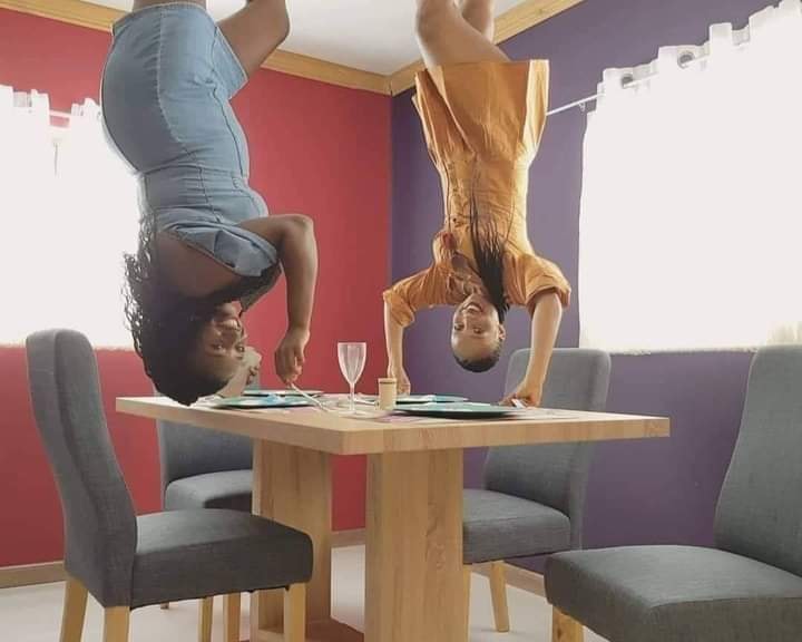 Two women take a picture in the upside-down house