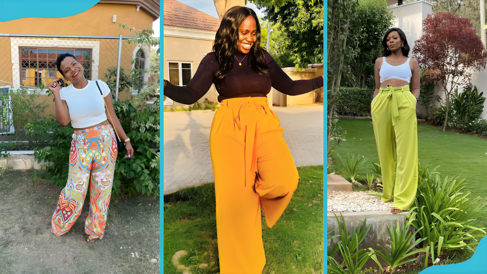 Three versions of Palazzo pants: colourful and stylish (L), mustard yellow pleat (C) and lime (R).