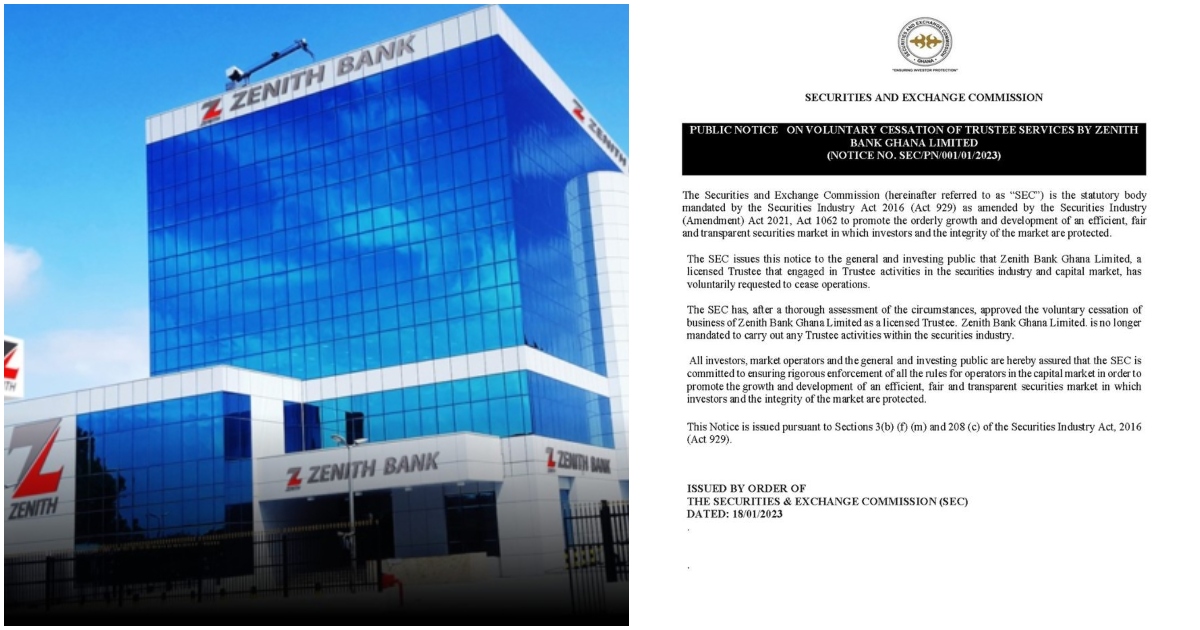 Zenith Bank Ghana says it's stopped operations in the securities industry and capital market