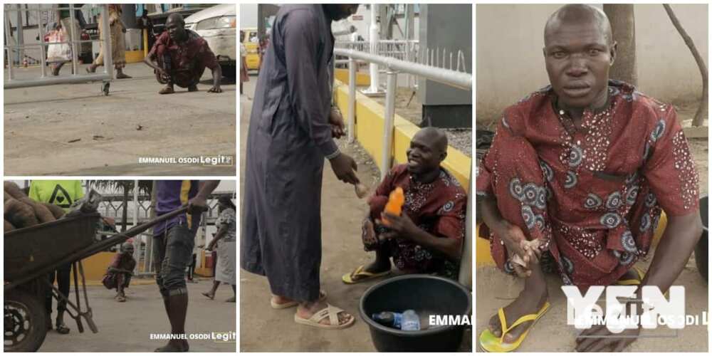 Nigerians react to viral photos of physically challenged man who hustles on busy Lagos roads to cater for family in Oyo