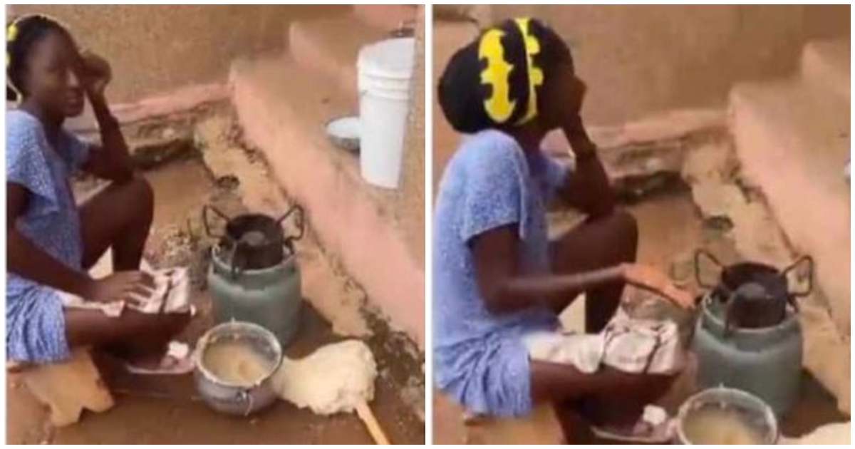 A woman looking sad after earth tremor causes food to pour