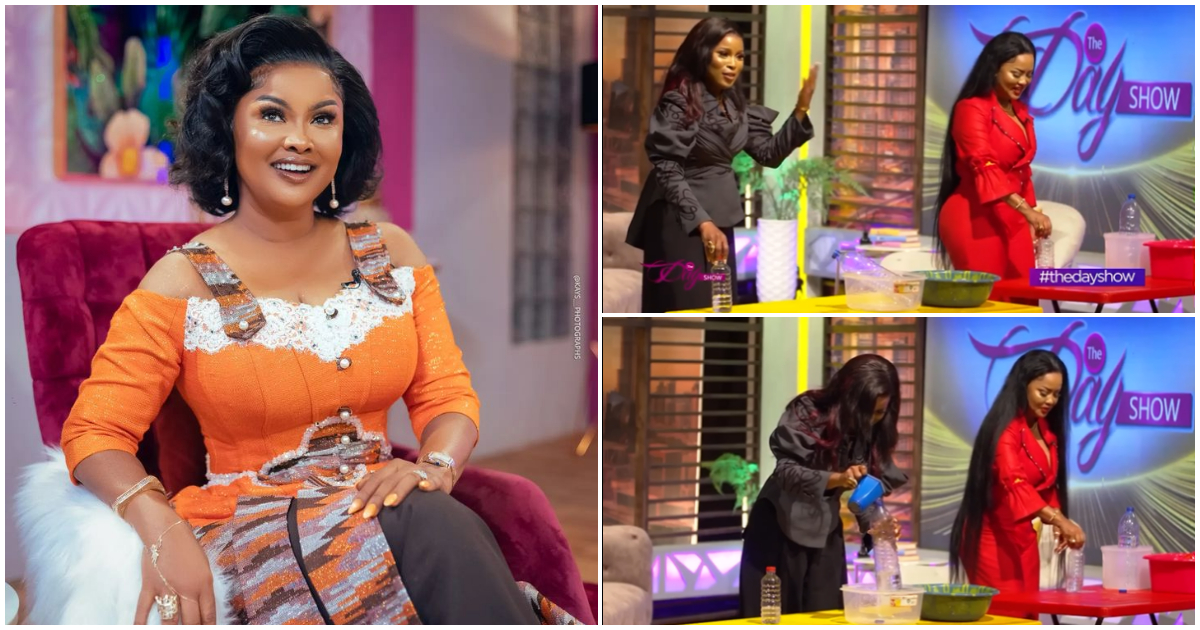 Berla Mundi and Nana Ama McBrown play flip the bottle challenge on live TV, results of game amuses fans
