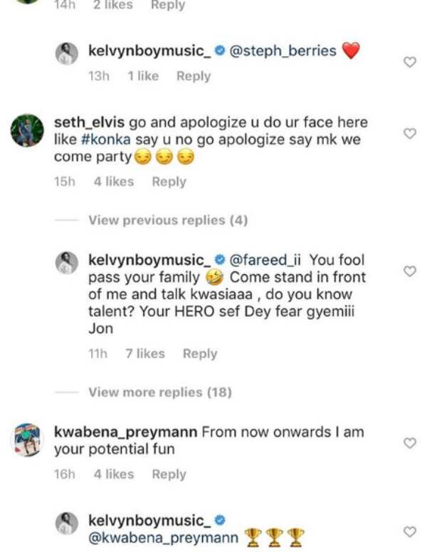 Kelvyn Boy loses cool; calls Stonebwoy fan a fool for asking him to apologise (photo)