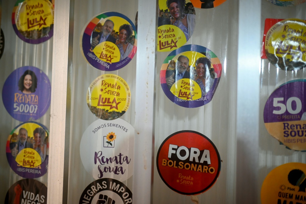 Election stickers are seen at the entrance of the house of Rio de Janeiro state congresswoman and re-election candidate Renata Souza, of the Socialism and Freedom Party (PSOL), at Mare favela, in Rio de Janeiro, Brazil, on September 02, 2022
