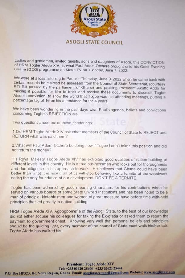 Asogli State Council press release on Paul Adom-Otchere