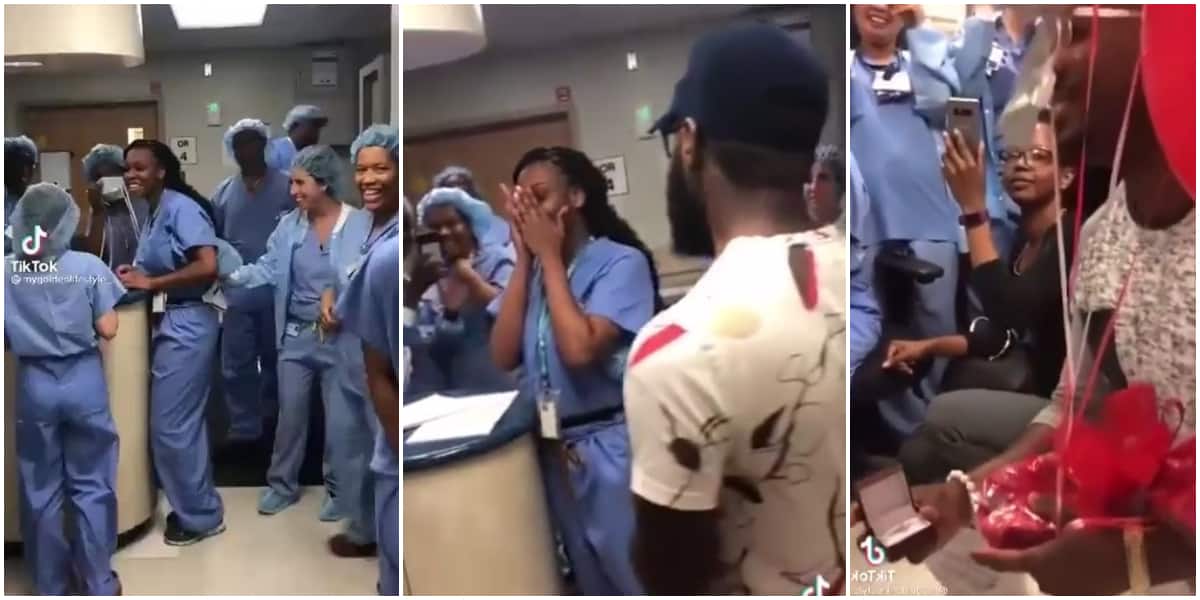 Man causes stir at hospital, embarrasses nurse before colleague as he seeks her hand in marriage, video stirs reactions