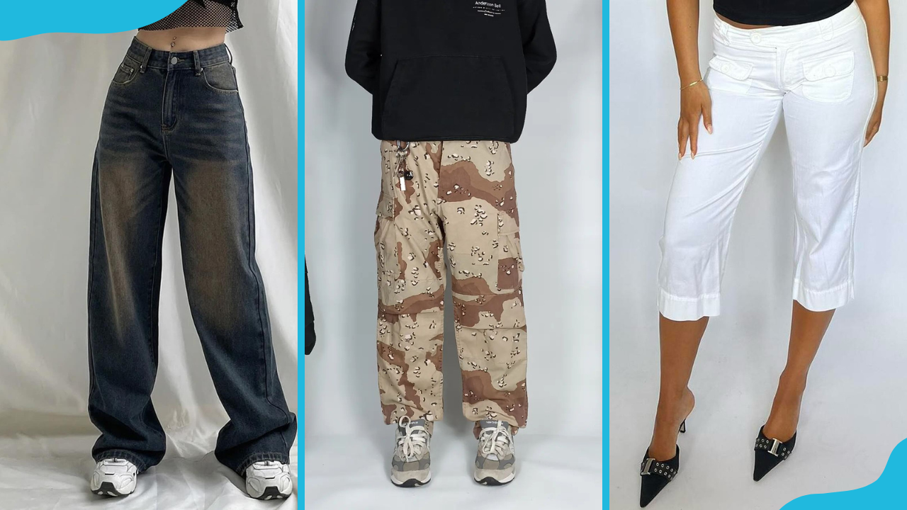 Different types of pants: Vintage jeans (L), Cargo pants (C) and Capri pants (R).