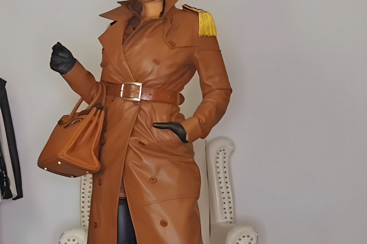 A woman is wearing a brown leather jacket and black boots
