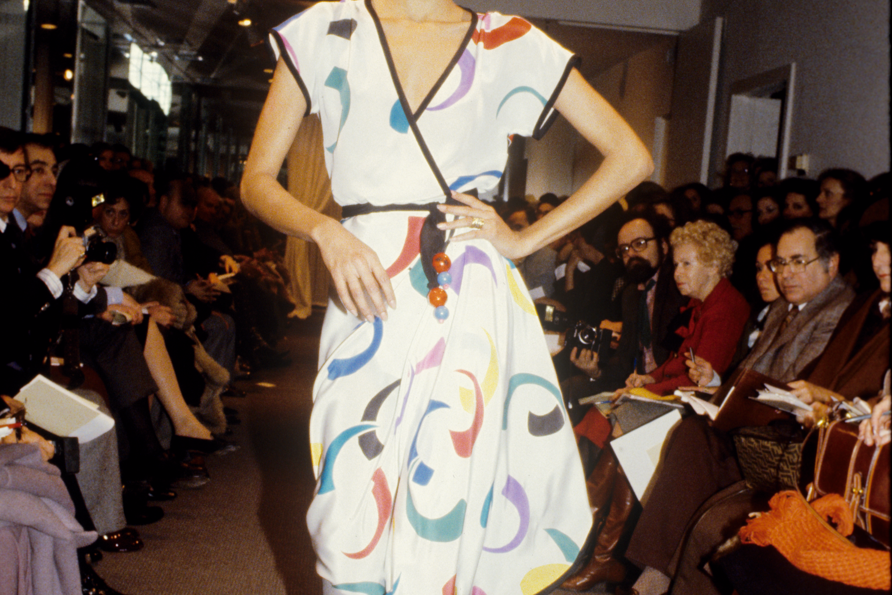 Abstract printed wrap dress in the Oscar de la Renta Summer 1979 show in New York