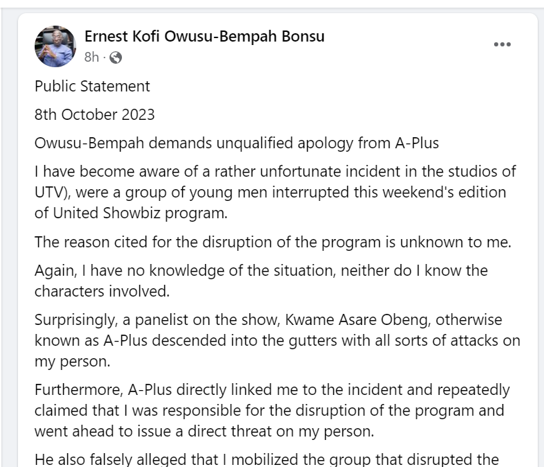 Owusu-Bempah's demand for apology.