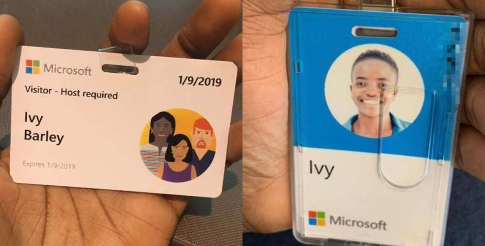 Photos of Ivy Barley's name tags as a visitor and host at Microsoft