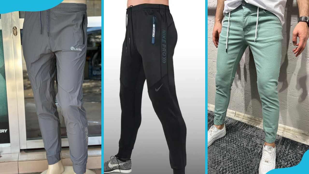 Three variations of joggers in grey (L), black (C) and teal (R).