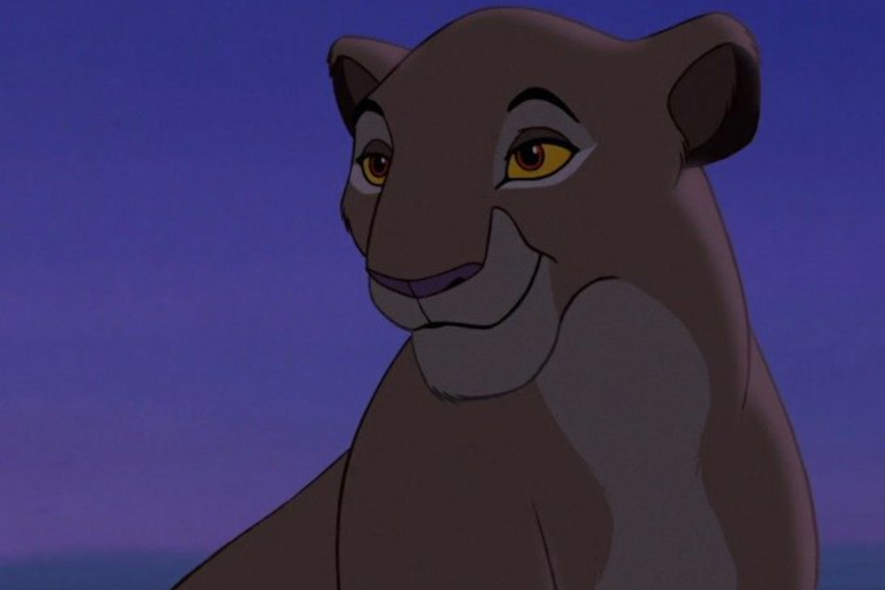 Sarabi The Lion King is sitting next to a blue background