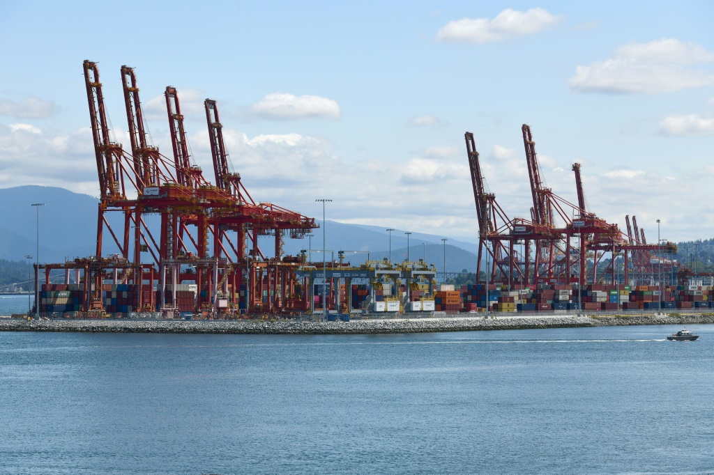 Canada has seen its strongest exports in two years, with its trade balance rebounding after a dock workers strike at ports such as the Port of Vancouver, seen here