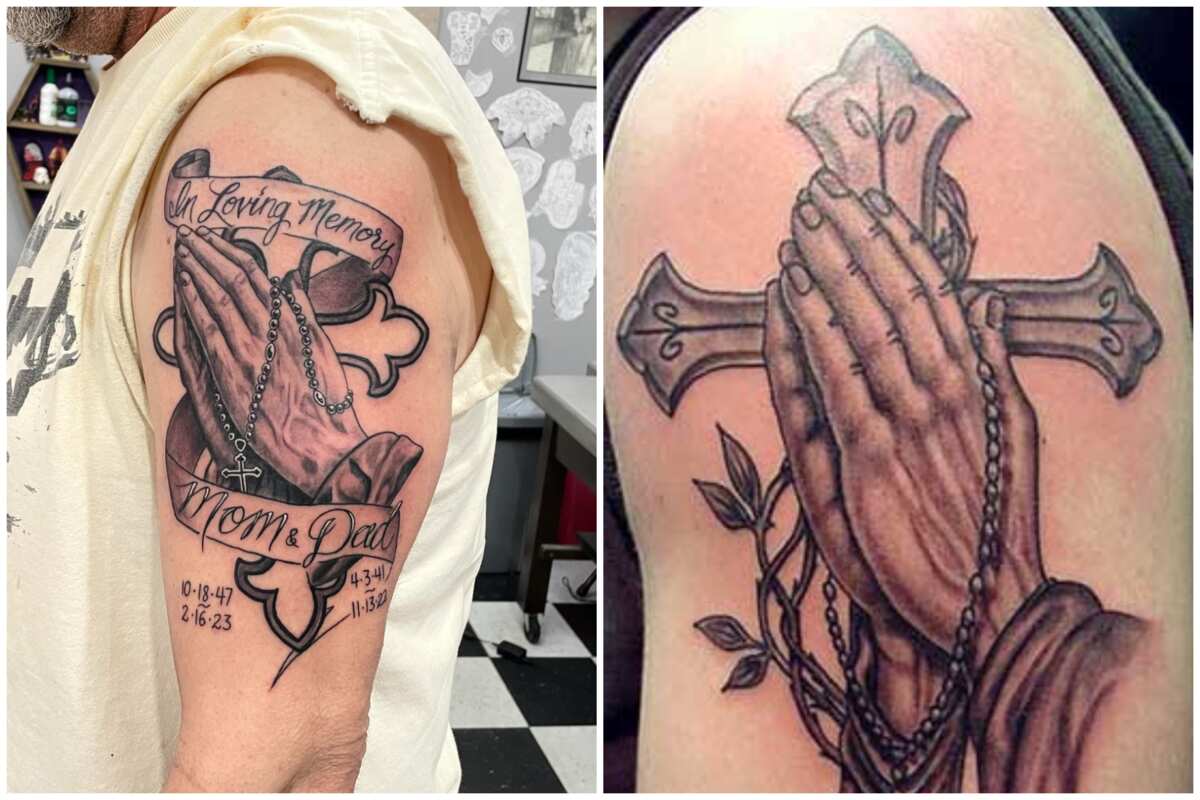 Grey shaded praying hands blessed tattoo on arm