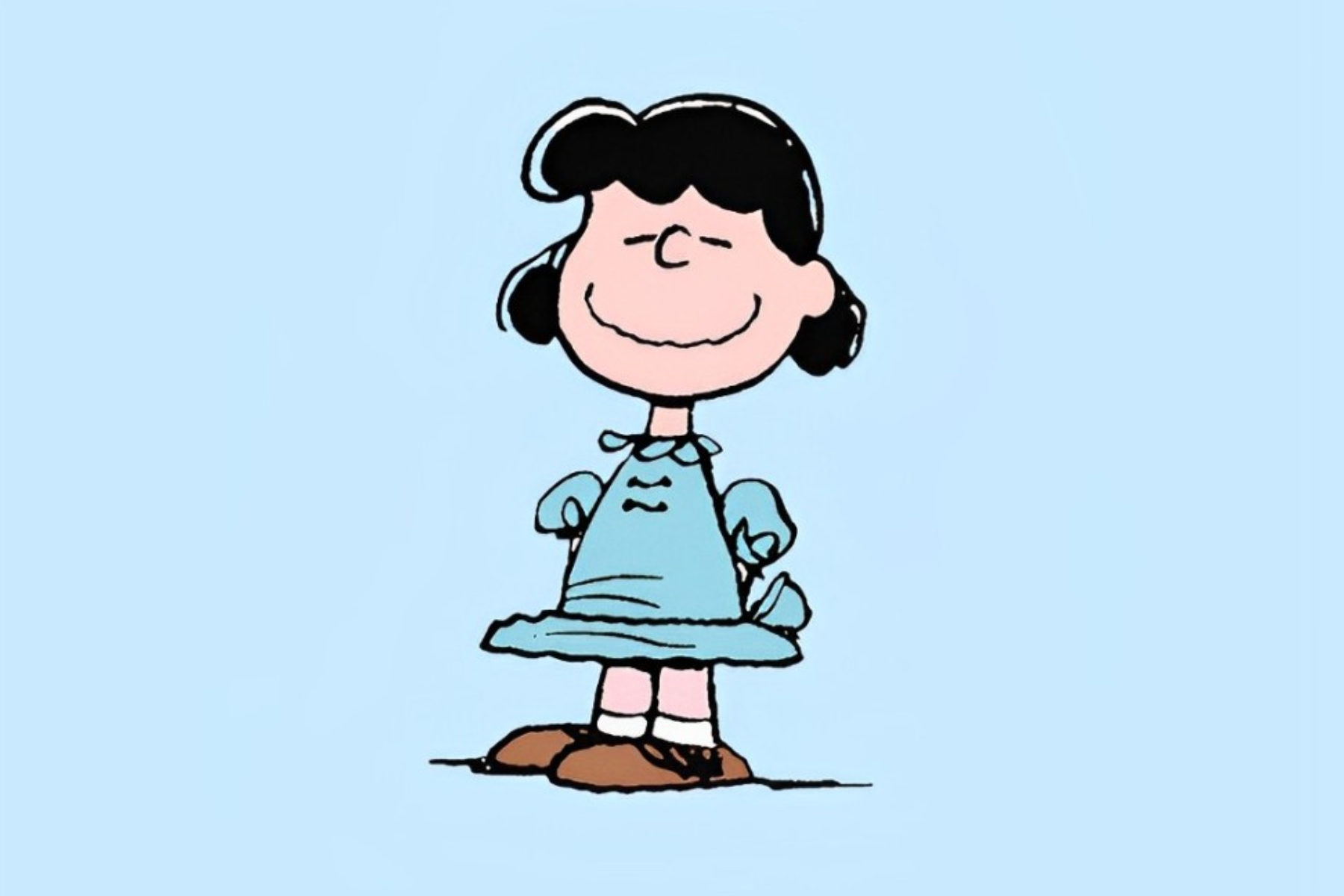 Lucy Van Pelt is standing on a blue background