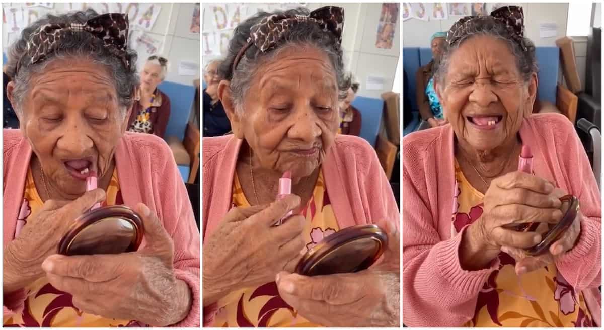 Photos of an old woman applying pink make-up on her lips.