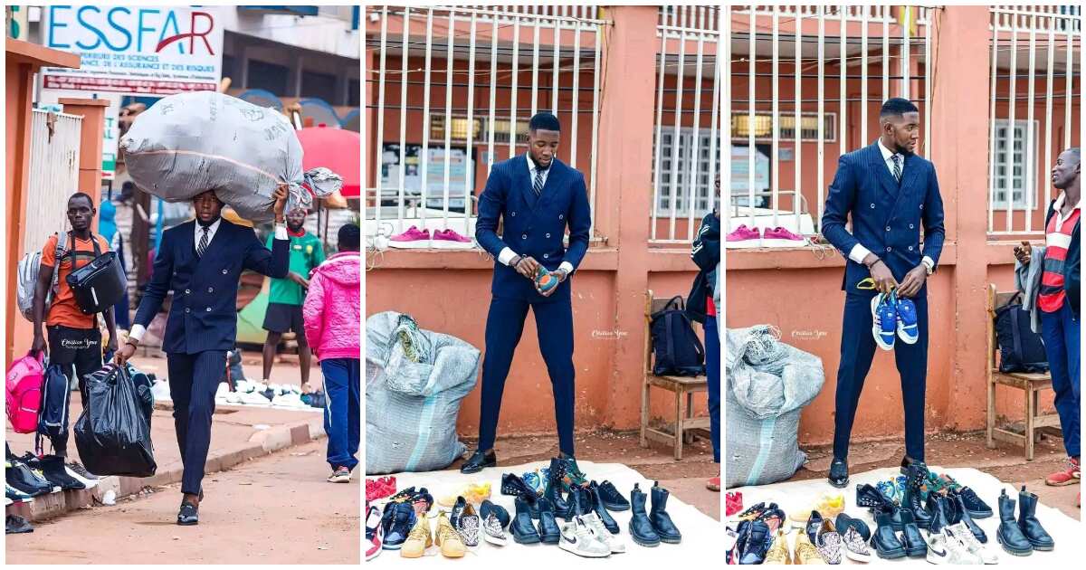 Tall fine footwear seller in suit, roadside