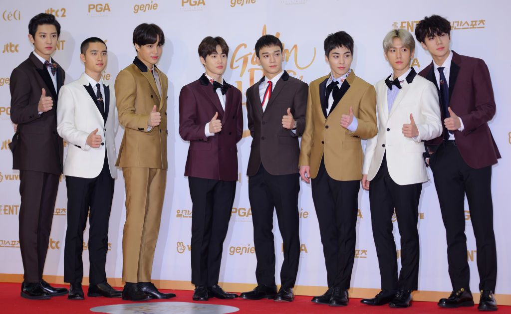 EXO, one of the most popular K-pop groups, pose for a photo at the Golden Disc Awards.