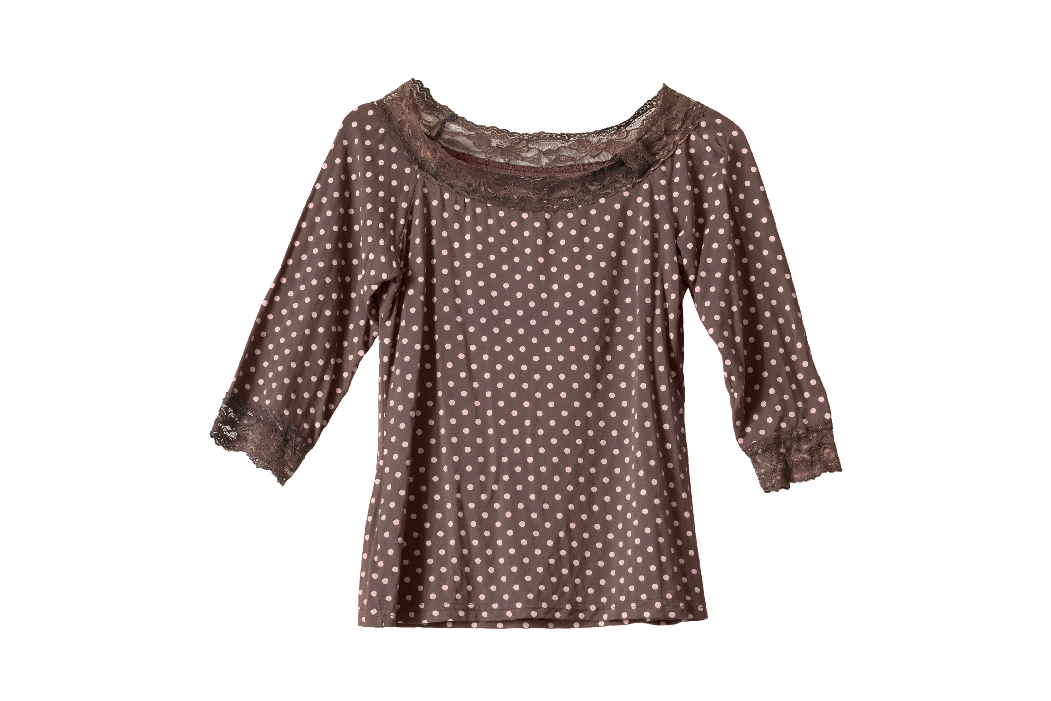 Brown spotted blouse decorated with lace on a white background