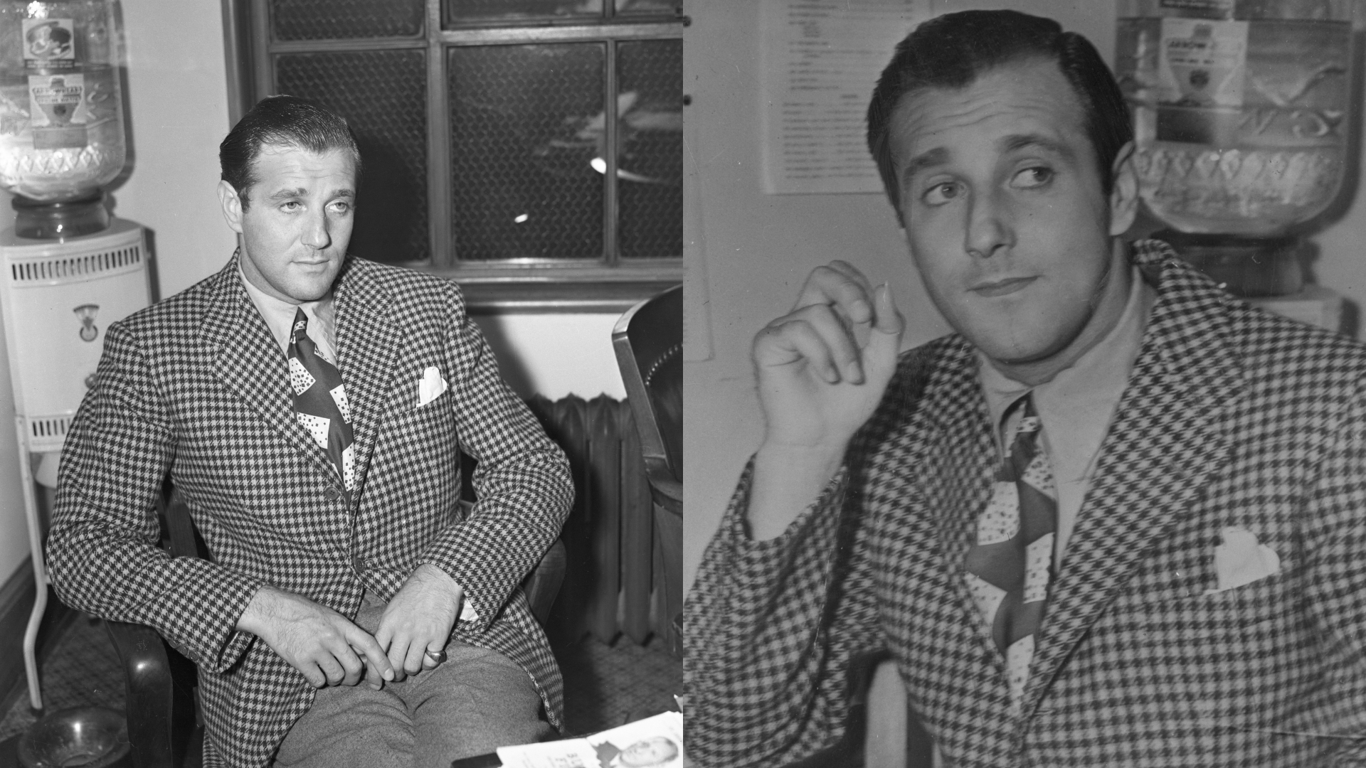 Bugsy Siegel is shown after being taken from his luxurious Holmby Hills home for questioning in Los Angeles