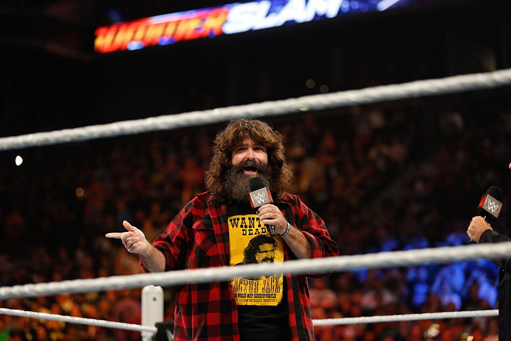 Mick Foley addresses an audience at WWE SummerSlam 2015 at Barclays Center of Brooklyn