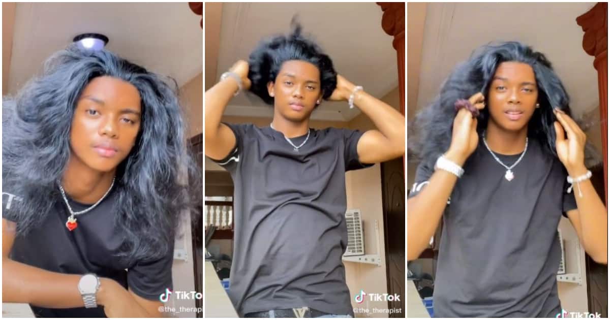 See hair wey girls dey buy GHC13k: Reactions as handsome young man flaunts his long natural hair in viral video