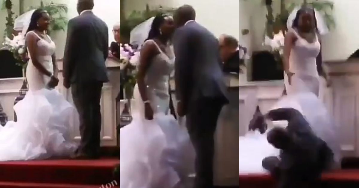 Groom leaves, pastor, guests in fear as he falls flat under the anointing after kissing bride at their wedding