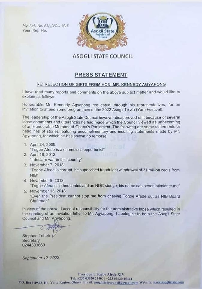 Asogli State Council letter