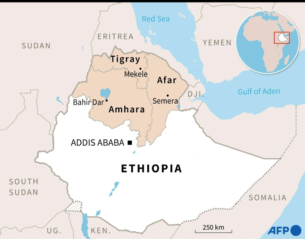 Map showing the Tigray, Afar and Amhara regions of Ethiopia