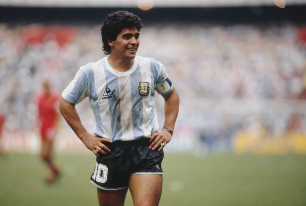 Diego Maradona on a football pitch during the 1986 FIFA World Cup