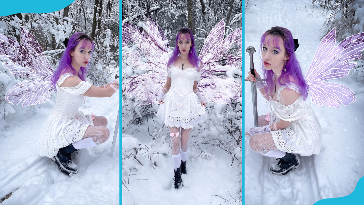 A model showcases the snow fairy maiden outfit.