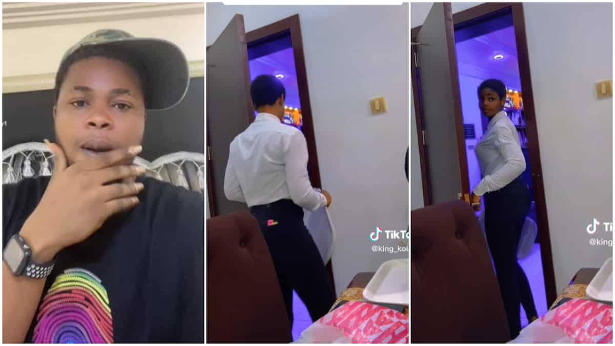 Young man sees beautiful hotel waitress, can't resist looking at her, lady quickly closes room door