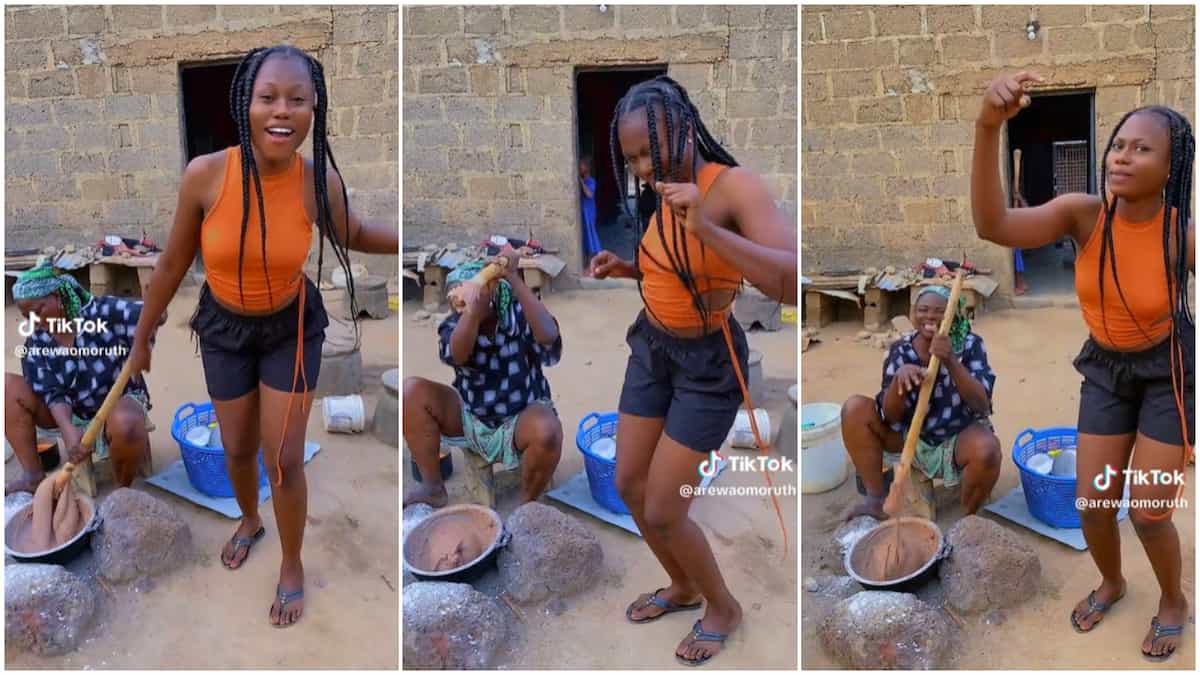 Lady on braids dances beside mother preparing food, many react to her attitude: "You no go chop inside”
