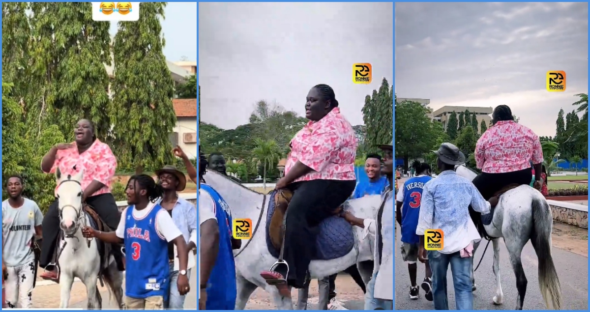 Thick and curvy Ghanaian lady gallantly rides skinny horse in trending video