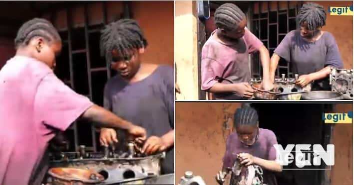 Teenage sisters repairing motor engines