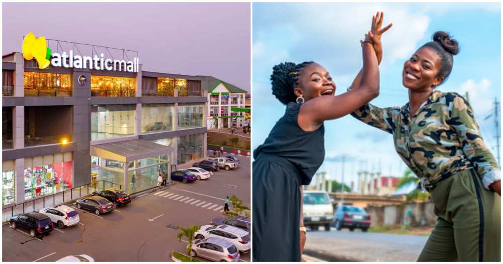 Photos of Atlantic Mall and two women high-fiving