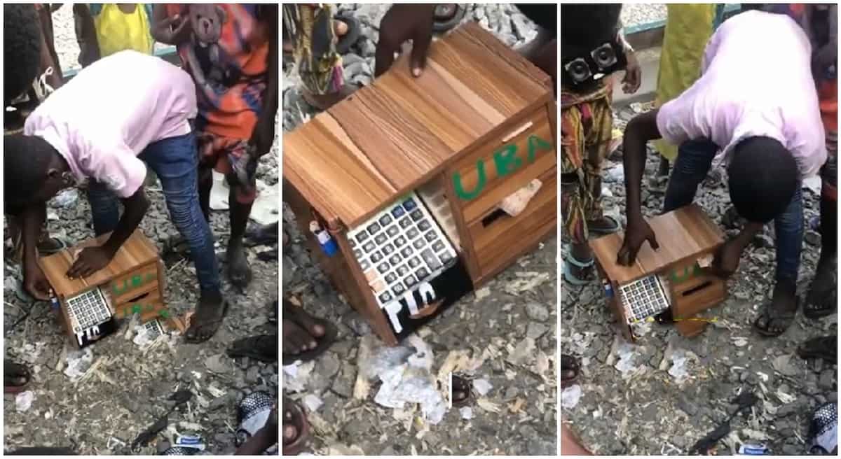 Photos of a Nigerian boy bringing money from an ATM he built.