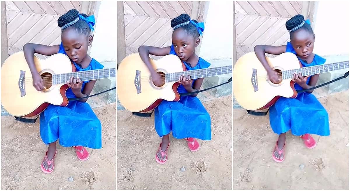 Photos of a little girl playing the guitar.