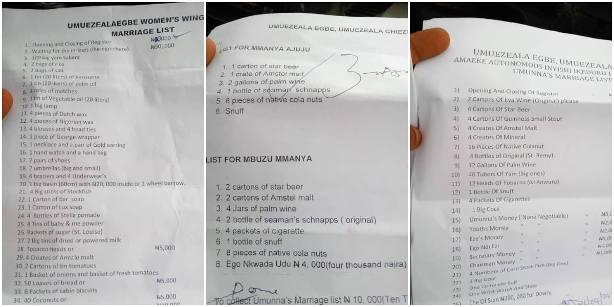 Nigerian Lady Calls off Marriage after Man Paid Close to N1m in Bride Price, Photos of the List Spark Outrage