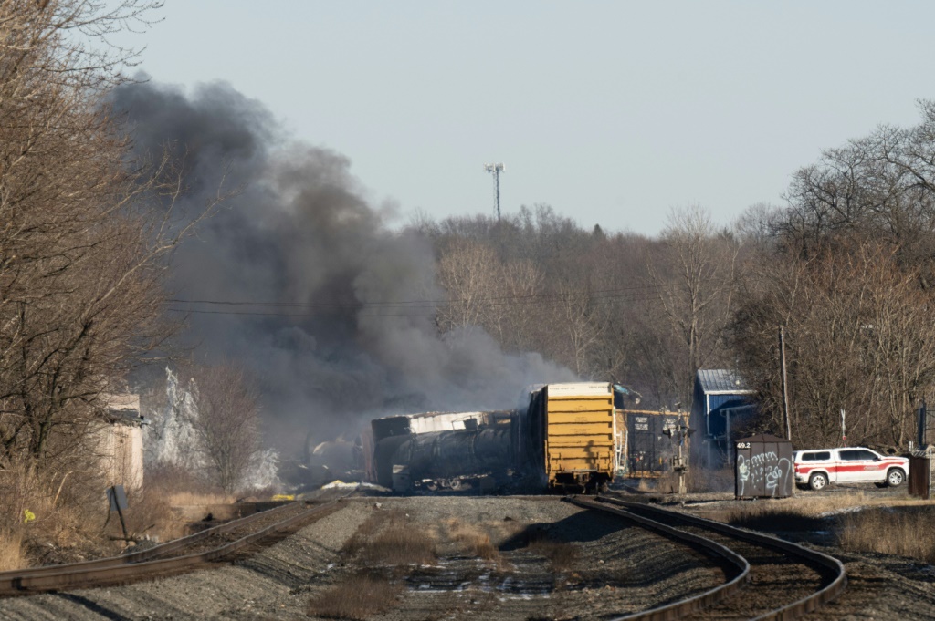 The site of the Norfolk Southern railroad derailment  in East Palestine, Ohio