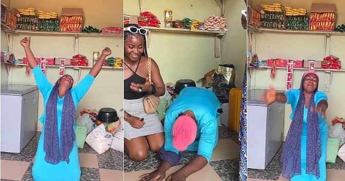Woman in tears as lady gifts her provision store filled with goods; video melts hearts